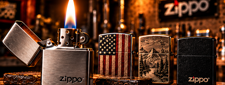 Open chrome lighter with a flame, beside flag, mountain, and black matte lighters