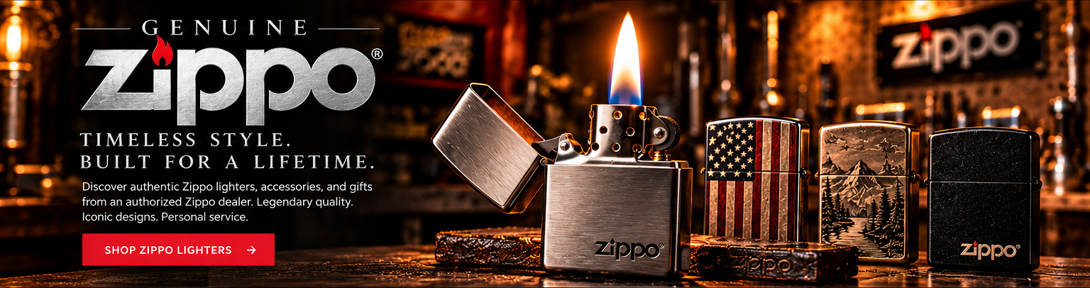 Genuine Zippo. Timeless style, built for a lifetime. An open chrome lighter burns beside an American flag lighter, a mountain scene lighter, and a black matte lighter.