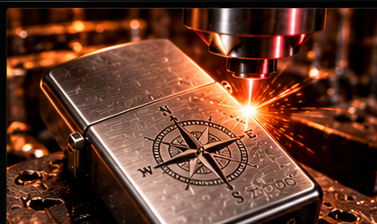 A laser engraves a compass rose into a Zippo lighter.