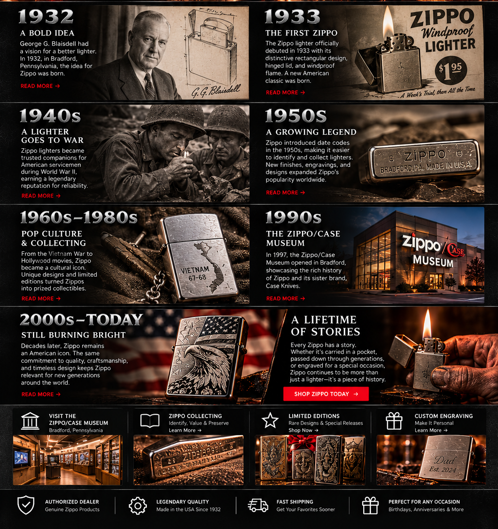 Zippo timeline artwork, from the 1932 windproof lighter through later decades.